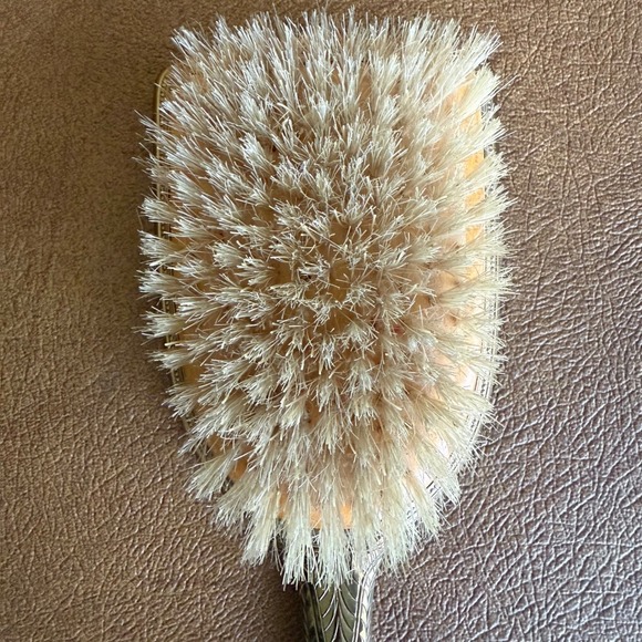 Vtg Vanity Set Hand Mirror Hair Brush Guilloché Enamel Gold Tone Rose Floral - Picture 11 of 15